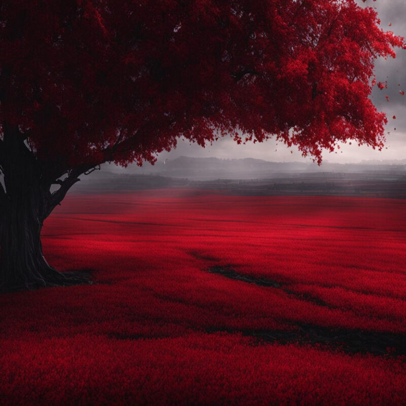 A large tree with red leaves, standing in a field of red grass