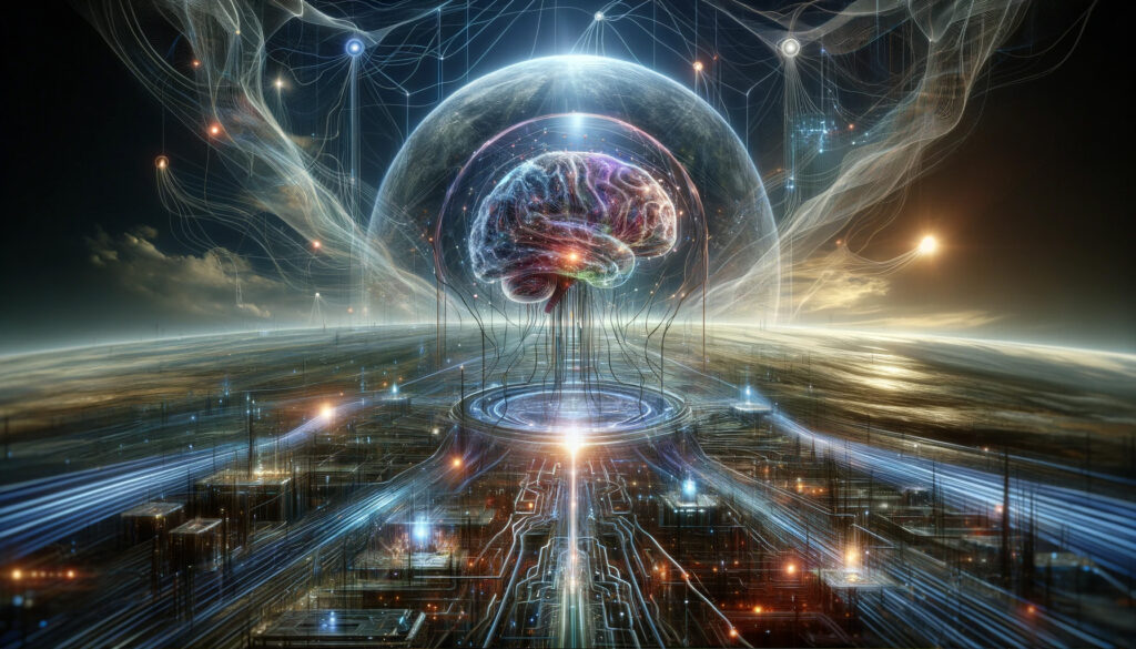 A futuristic digital illustration combining advanced technology and human consciousness.