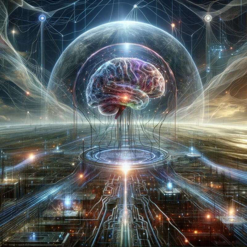 A futuristic digital illustration combining advanced technology and human consciousness.