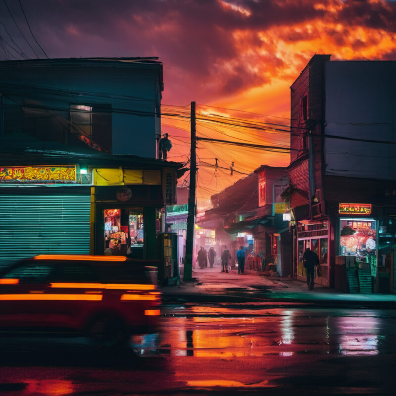 Neon-Lit City Street at Dusk with Vibrant Sky and Reflections