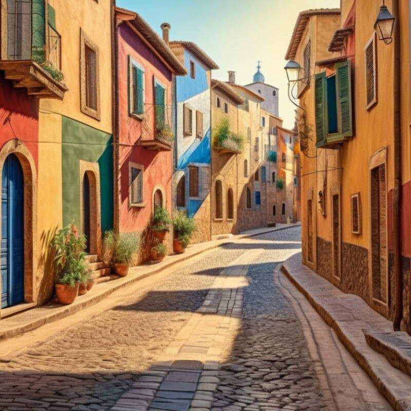 A street with colorful buildings.