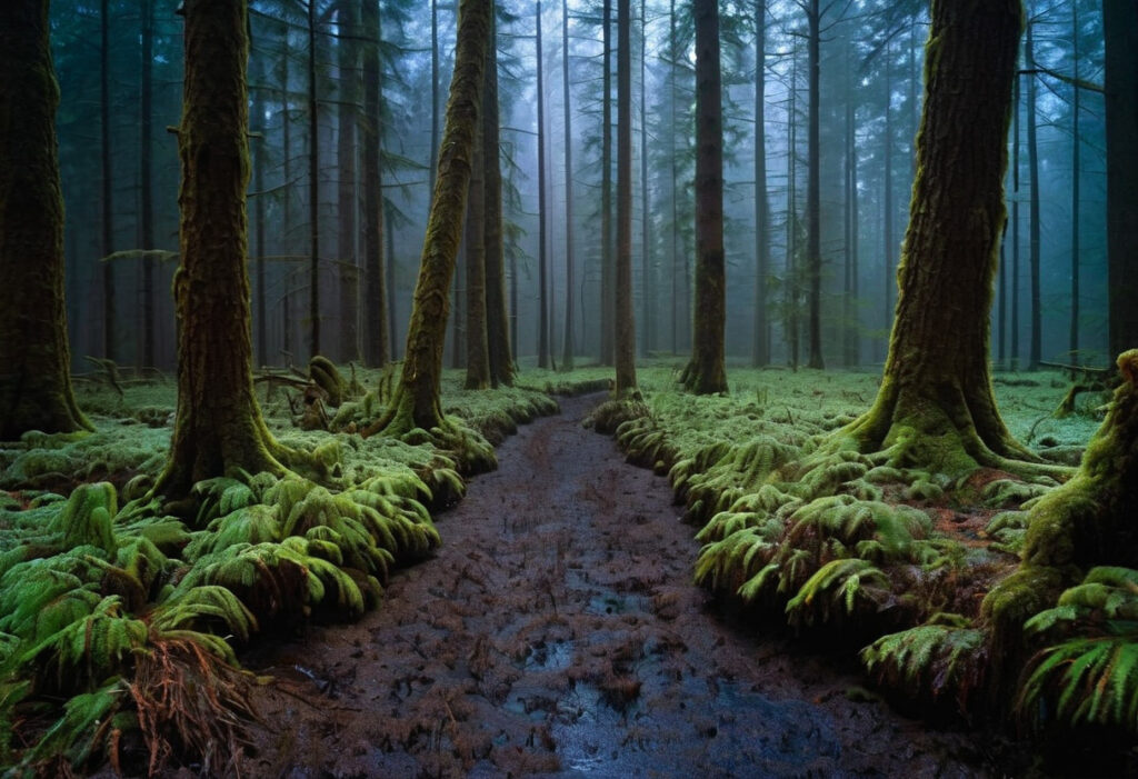 A very wet foot path through a forest