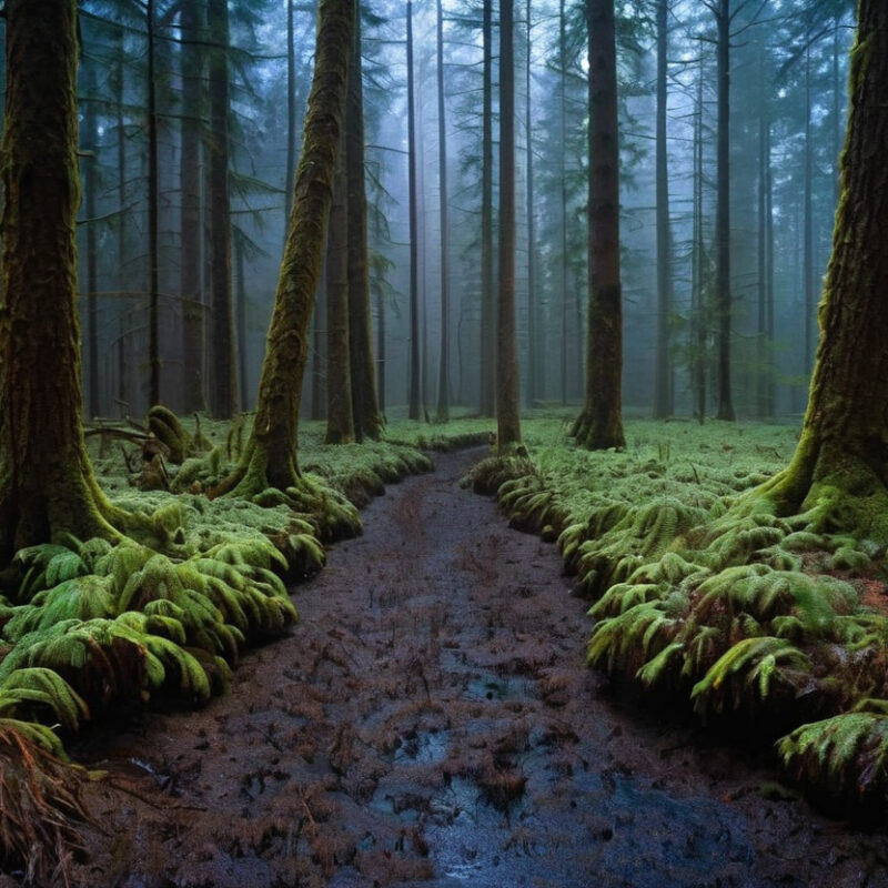 A very wet foot path through a forest