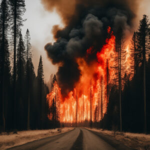 A forest fire with smoke coming out of the trees