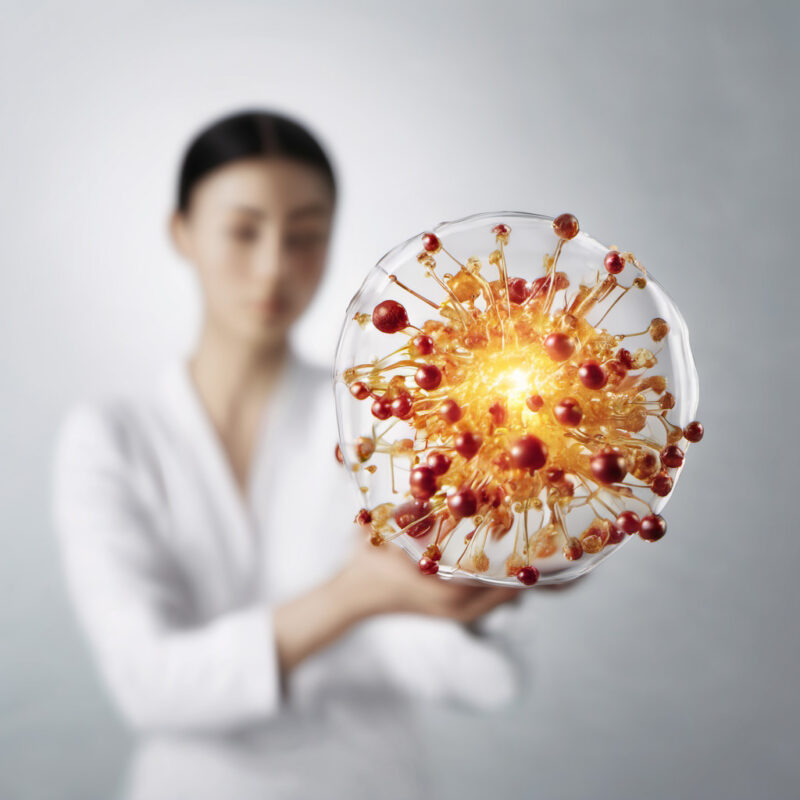 A person holding a transparent molecular model