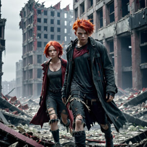 Post-Apocalyptic Survivors in a Ruined Cityscape