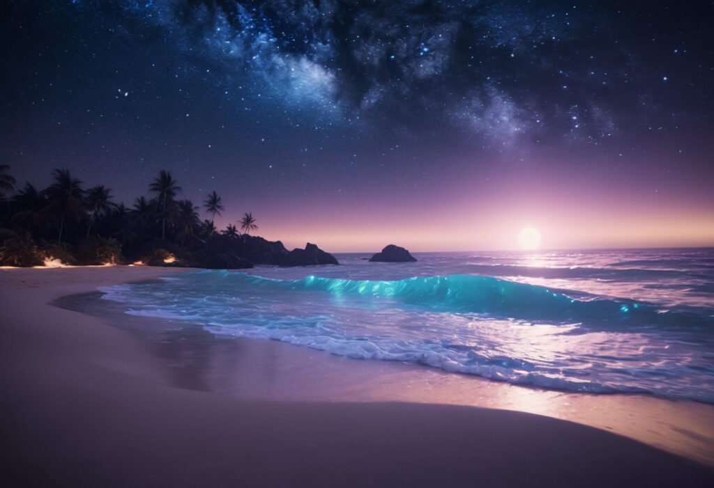 A serene beach setting at night under the milk way