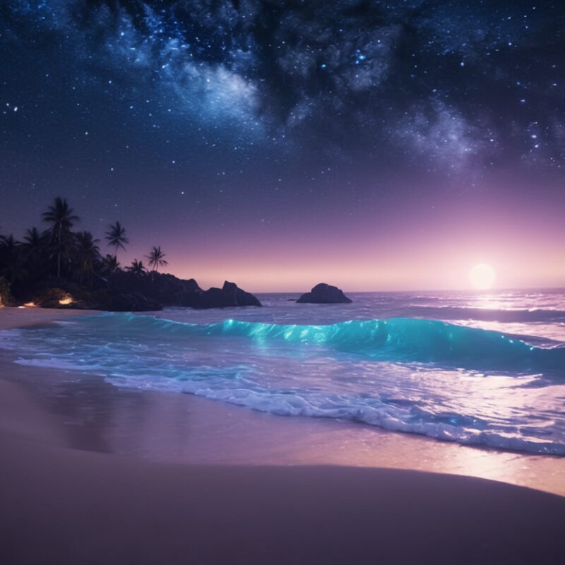 A serene beach setting at night under the milk way