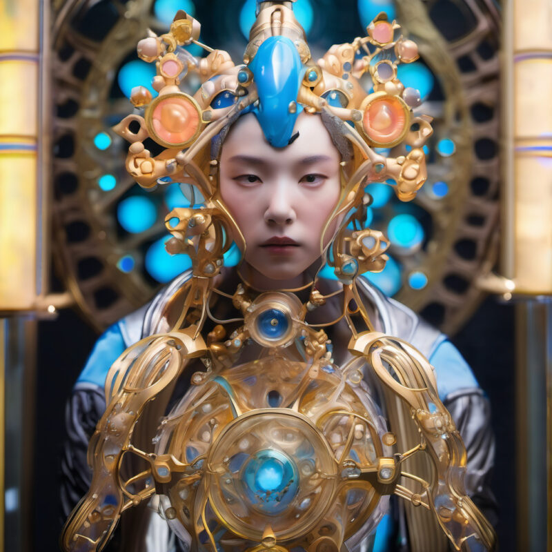 Futuristic Regal Deity with Intricate Headdress