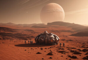 Colonizing Mars, a large spacecraft in a Martian landscape.