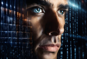 A close-up of a person's face with a digital technology theme