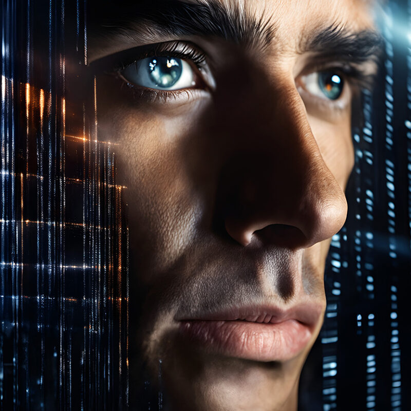 A close-up of a person's face with a digital technology theme