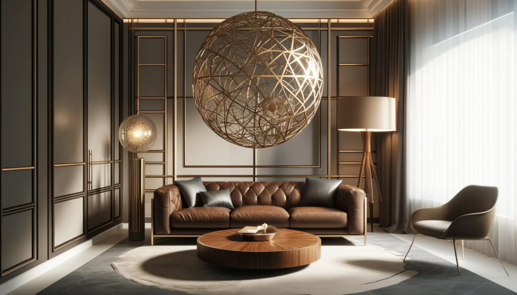 Luxurious Living Room with Geometric Chandelier and Leather Sofa