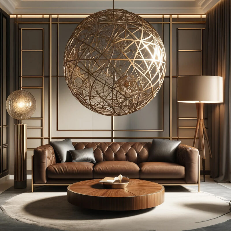 Luxurious Living Room with Geometric Chandelier and Leather Sofa