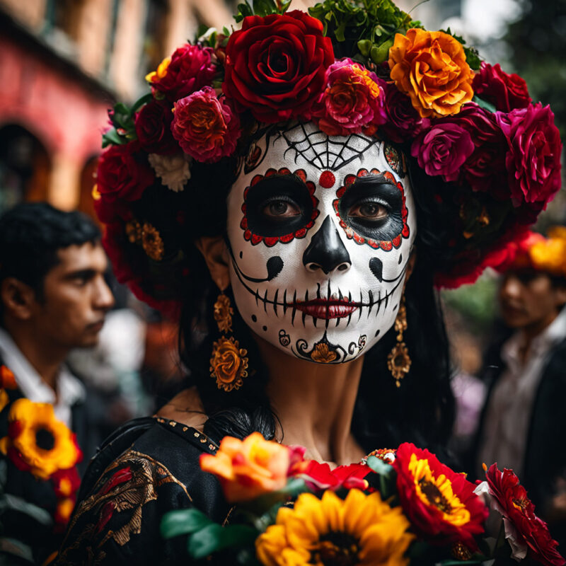 A person with their face painted in the style of La Catrina, Day of the Dead.