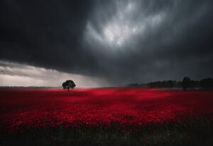 A large field covered in red flowers, with a tree standing in the middle