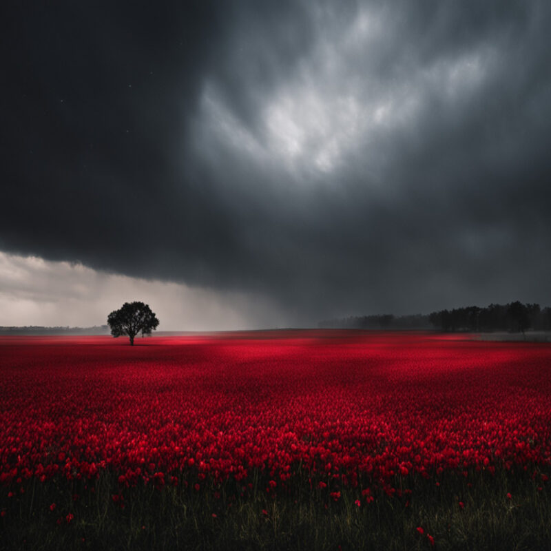 A large field covered in red flowers, with a tree standing in the middle