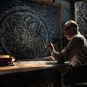 Elderly Man Drawing Sacred Geometry on Chalkboard