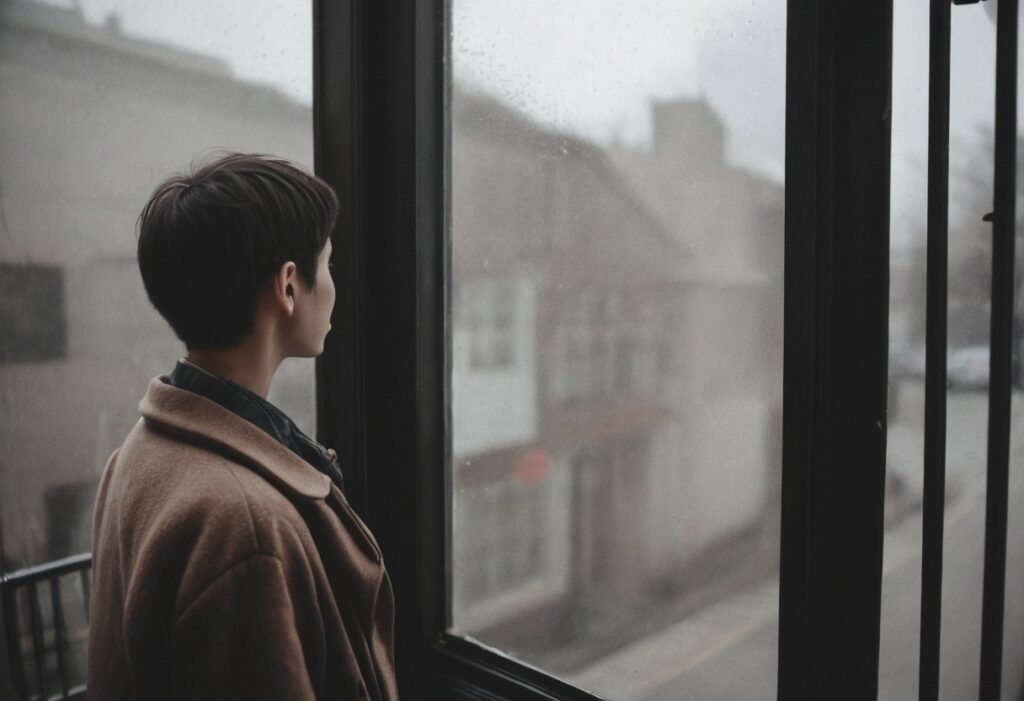 Young Person in Beige Coat Looking Out Window on a Rainy Day