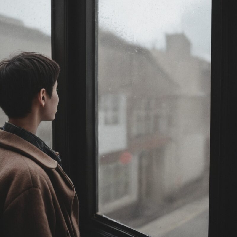 Young Person in Beige Coat Looking Out Window on a Rainy Day