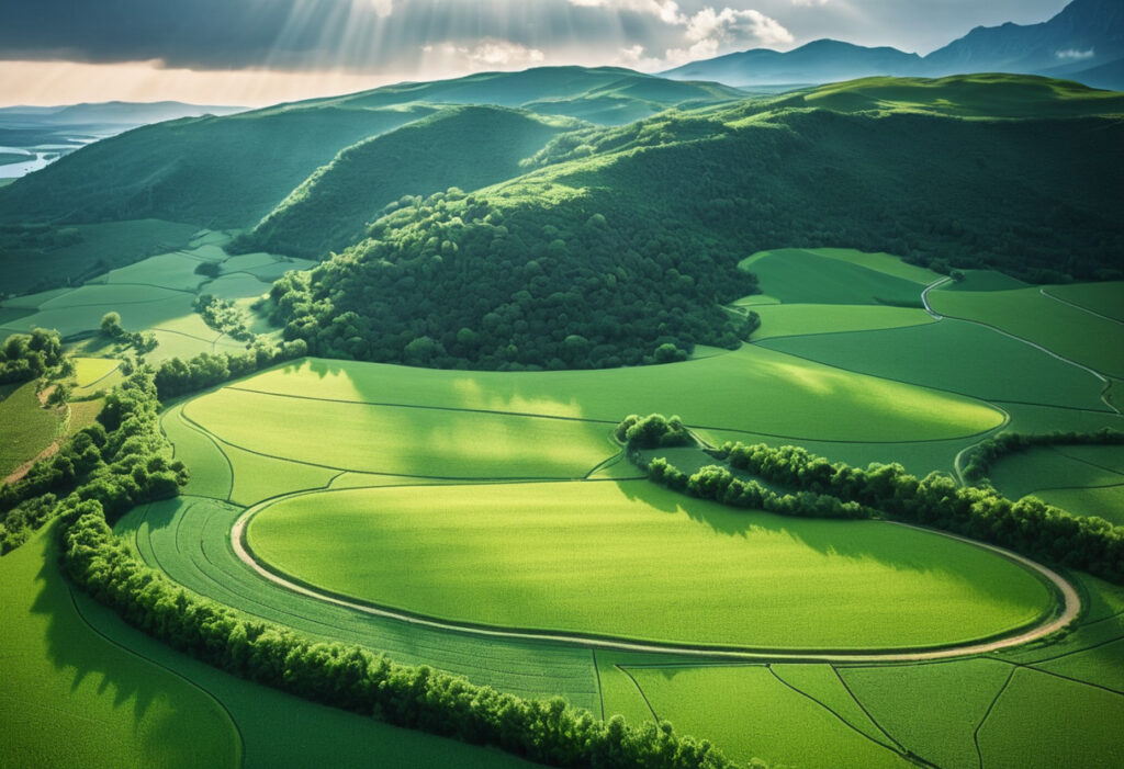 Aerial View of Green Rolling Hills and Patchwork Fields at Sunrise