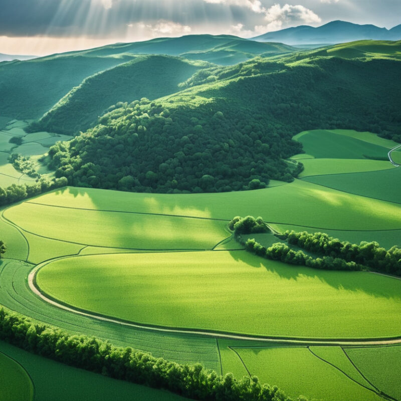 Aerial View of Green Rolling Hills and Patchwork Fields at Sunrise