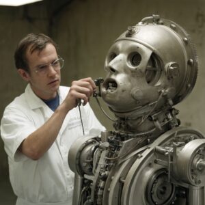 Technician Repairs Retro-Futuristic Humanoid Robot in Workshop