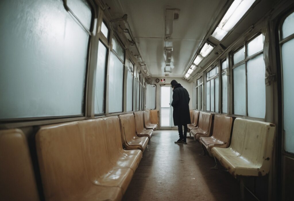 Lonely Passenger in Dimly Lit Subway Car