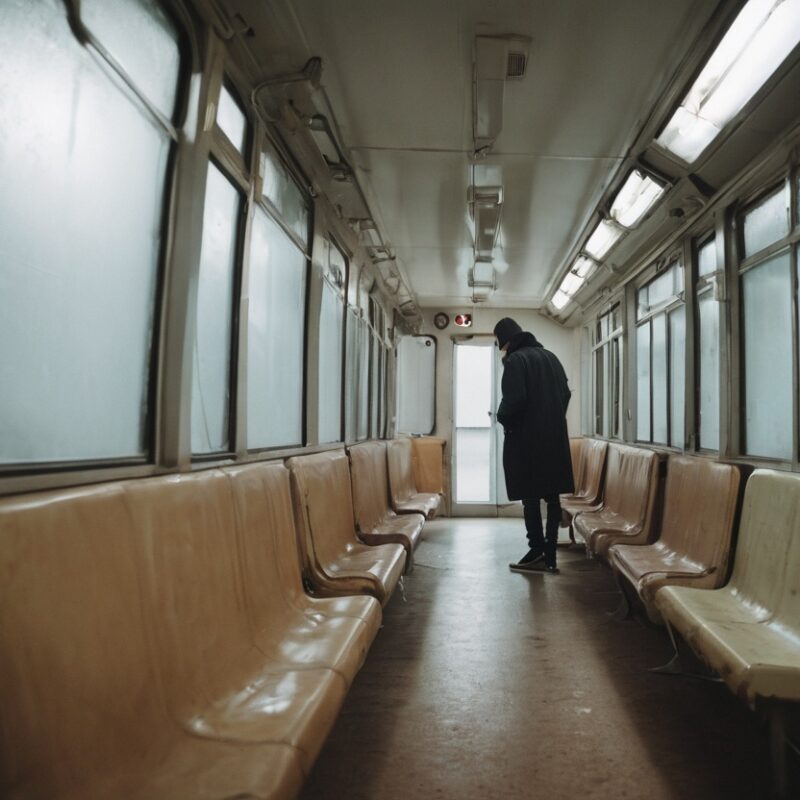 Lonely Passenger in Dimly Lit Subway Car