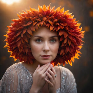 Ethereal Beauty with Floral Headdress in Autumn Light