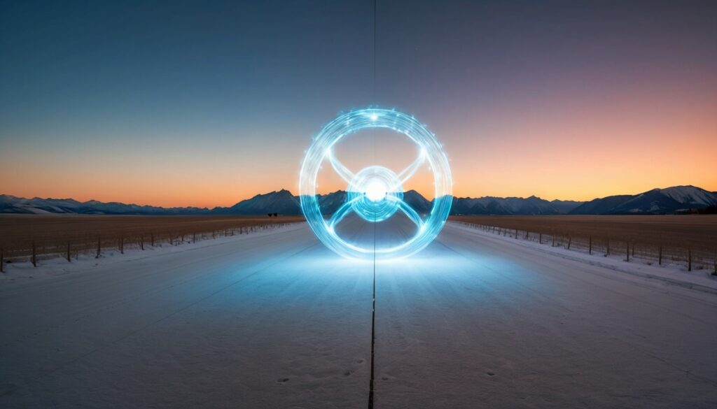 Futuristic Glowing Energy Ring on Snowy Road at Twilight