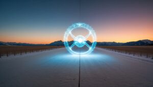 Futuristic Glowing Energy Ring on Snowy Road at Twilight