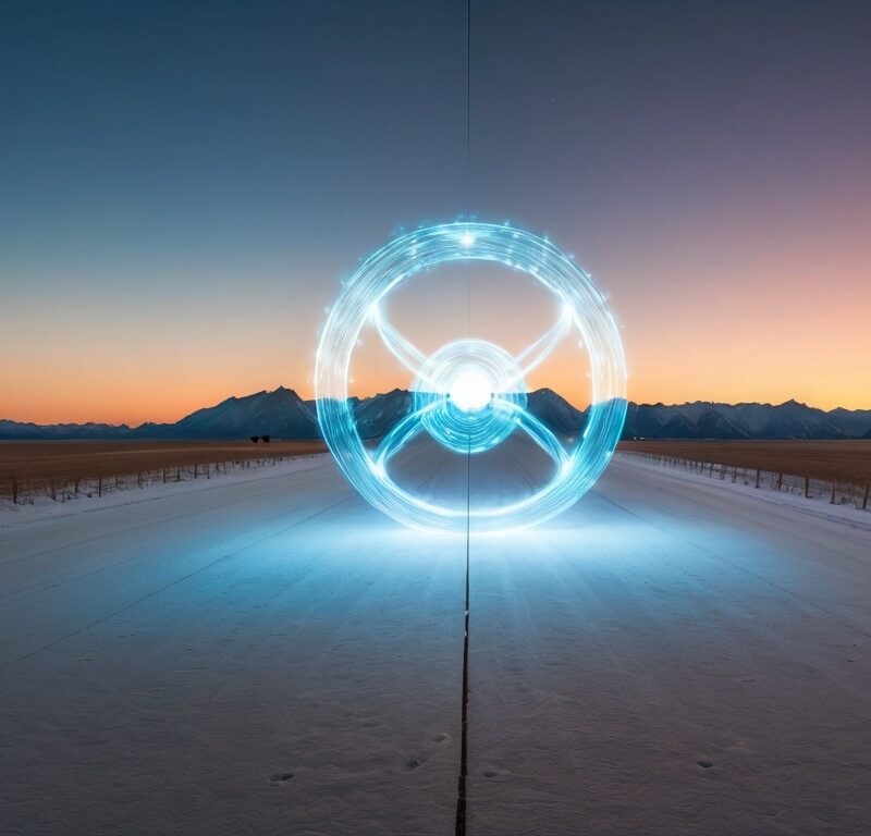 Futuristic Glowing Energy Ring on Snowy Road at Twilight