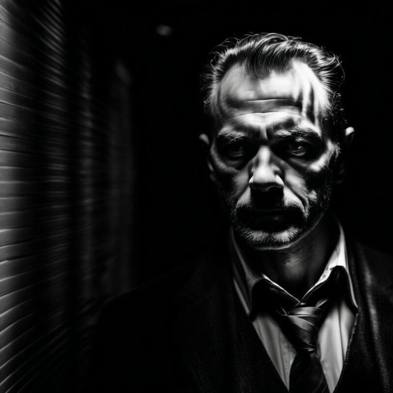 Moody Black and White Portrait of a Man in a Dark Corridor with Shadows