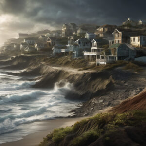 Coastal erosion and a picturesque small coastal town on a cliff overlooking the ocean.