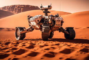 A mars rover on the red planet.