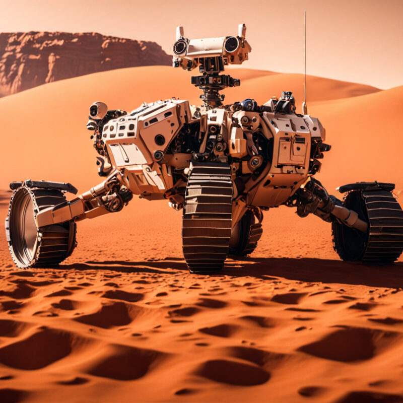 A mars rover on the red planet.