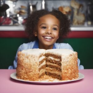 Happy Girl with a Giant Cake in a Retro Diner