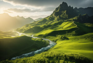 Majestic Green Valley at Sunrise with River and Mountains