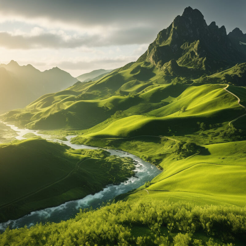 Majestic Green Valley at Sunrise with River and Mountains