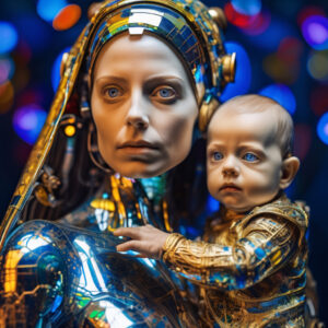 Futuristic Deity and Child in Shimmering Metallic Attire with Colorful Lights