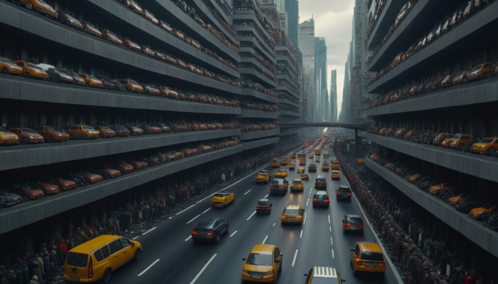 A large dystopian traffic jam in a city