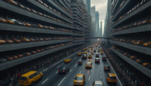 A large dystopian traffic jam in a city