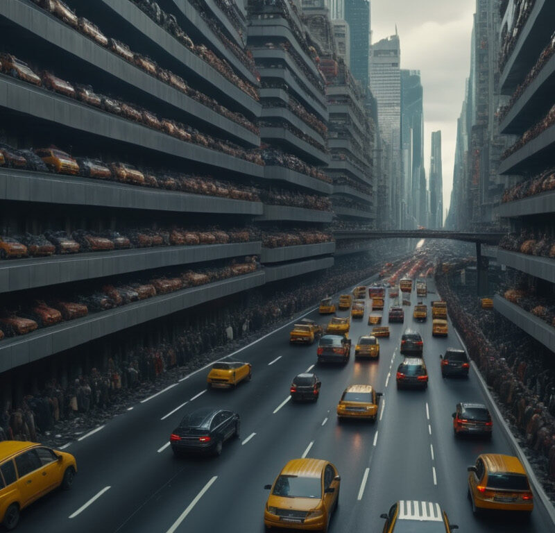 A large dystopian traffic jam in a city