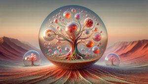 Surreal Tree in Transparent Sphere on Alien Landscape at Dusk