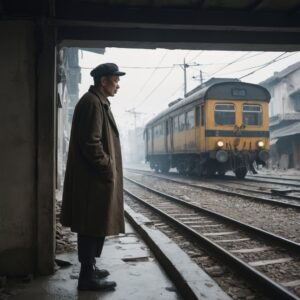 Elderly Man Waiting at Vintage Train Station on a Misty Morning