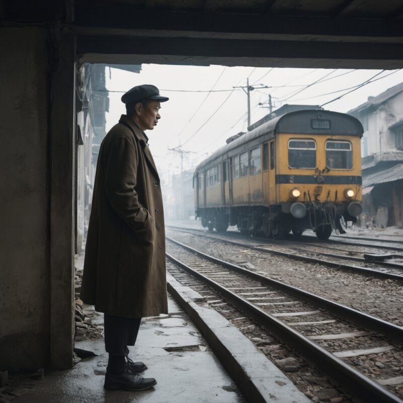 Elderly Man Waiting at Vintage Train Station on a Misty Morning