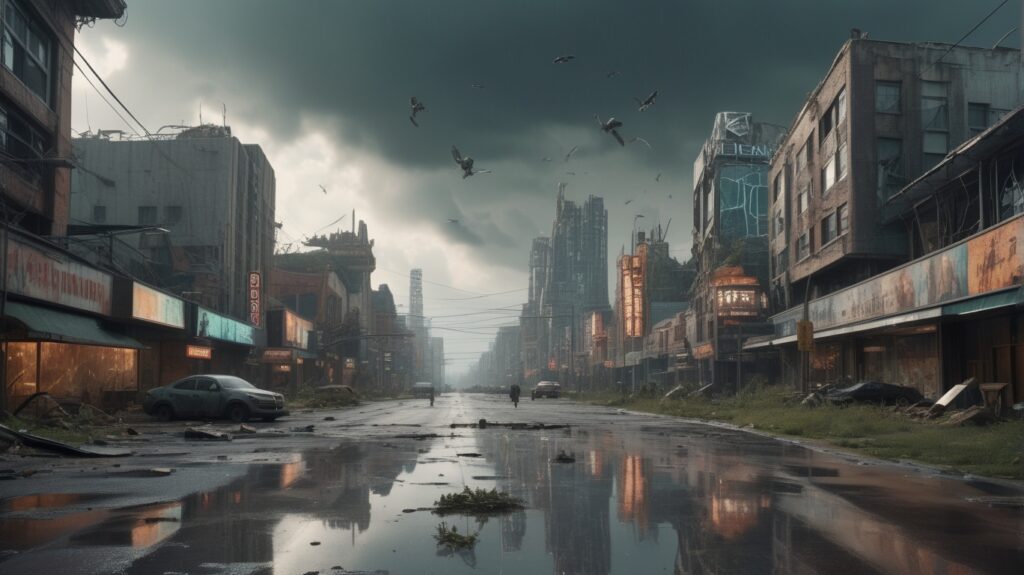 Gloomy Post-Apocalyptic Cityscape with Flooded Street and Abandoned Cars