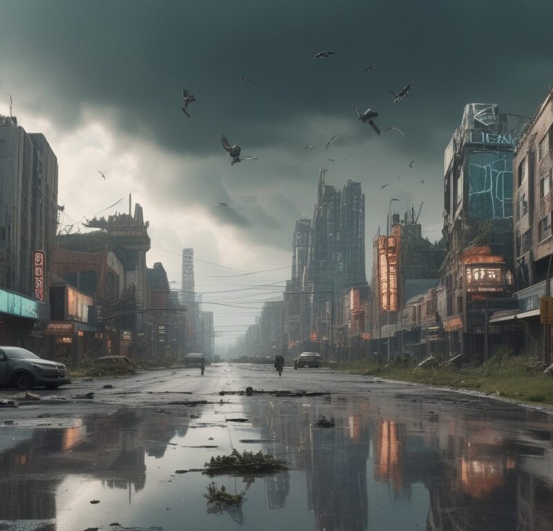 Gloomy Post-Apocalyptic Cityscape with Flooded Street and Abandoned Cars