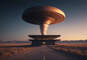 Futuristic UFO Structure in Desert Sunset